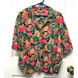 Suburbans Blouse Vintage Floral Top Rayon Button Up Short Sleeve Collar Size 14